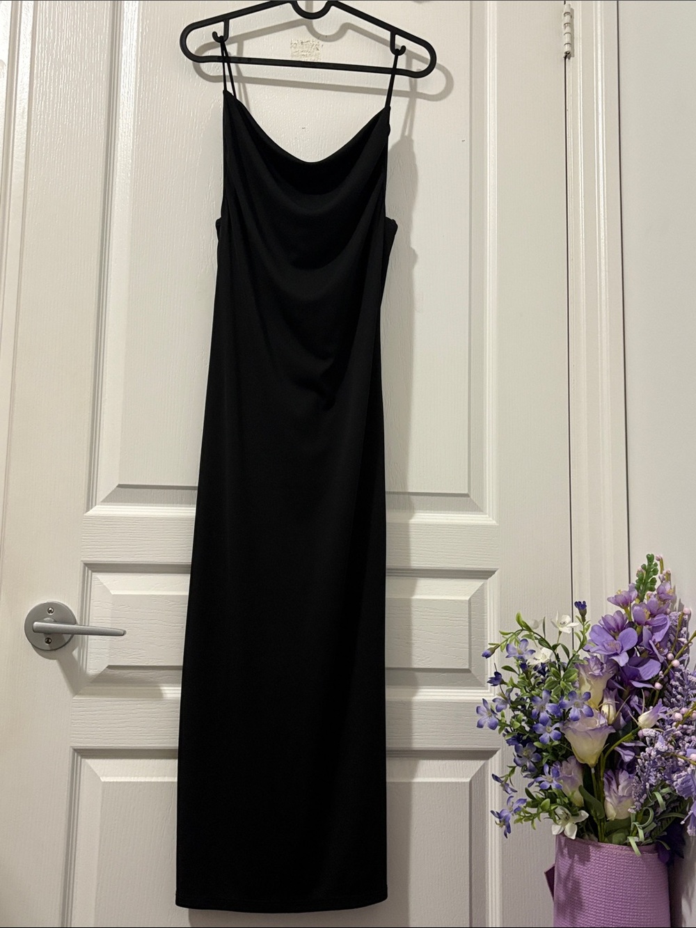 Zara Black Cowl-Neck Maxi Slip Dress with Spaghetti Straps